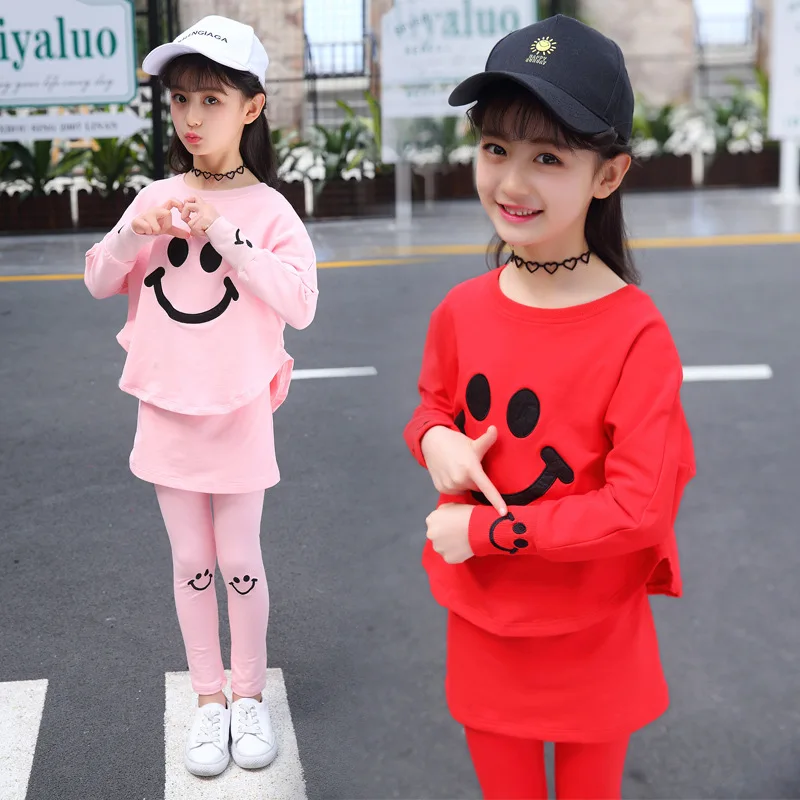 

Spring Girls Fashion Casual O Neck Loose Smile Face Printing T Shirt Tops Elastic Waist Legging Pencil Pants 2Piece Set Children