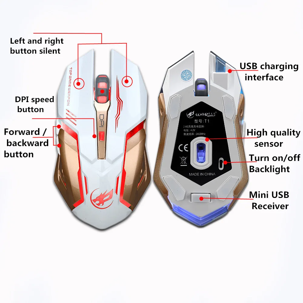 Перезаряжаемая 2,4 ГГц Беспроводная игровая мышь с подсветкой USB оптическая геймерская мышь для компьютера, настольного компьютера, ноутбука, ПК