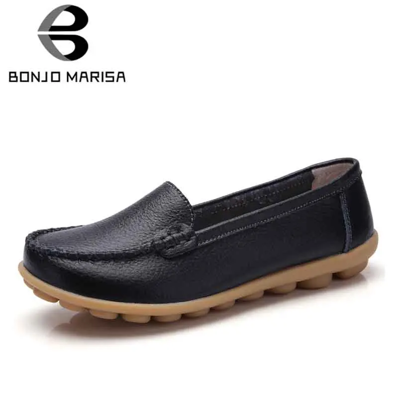 

BONJOMARISA low heel casual moccasin shoes woman slip-on loafers women high quality split leather flats women plus size 35-44