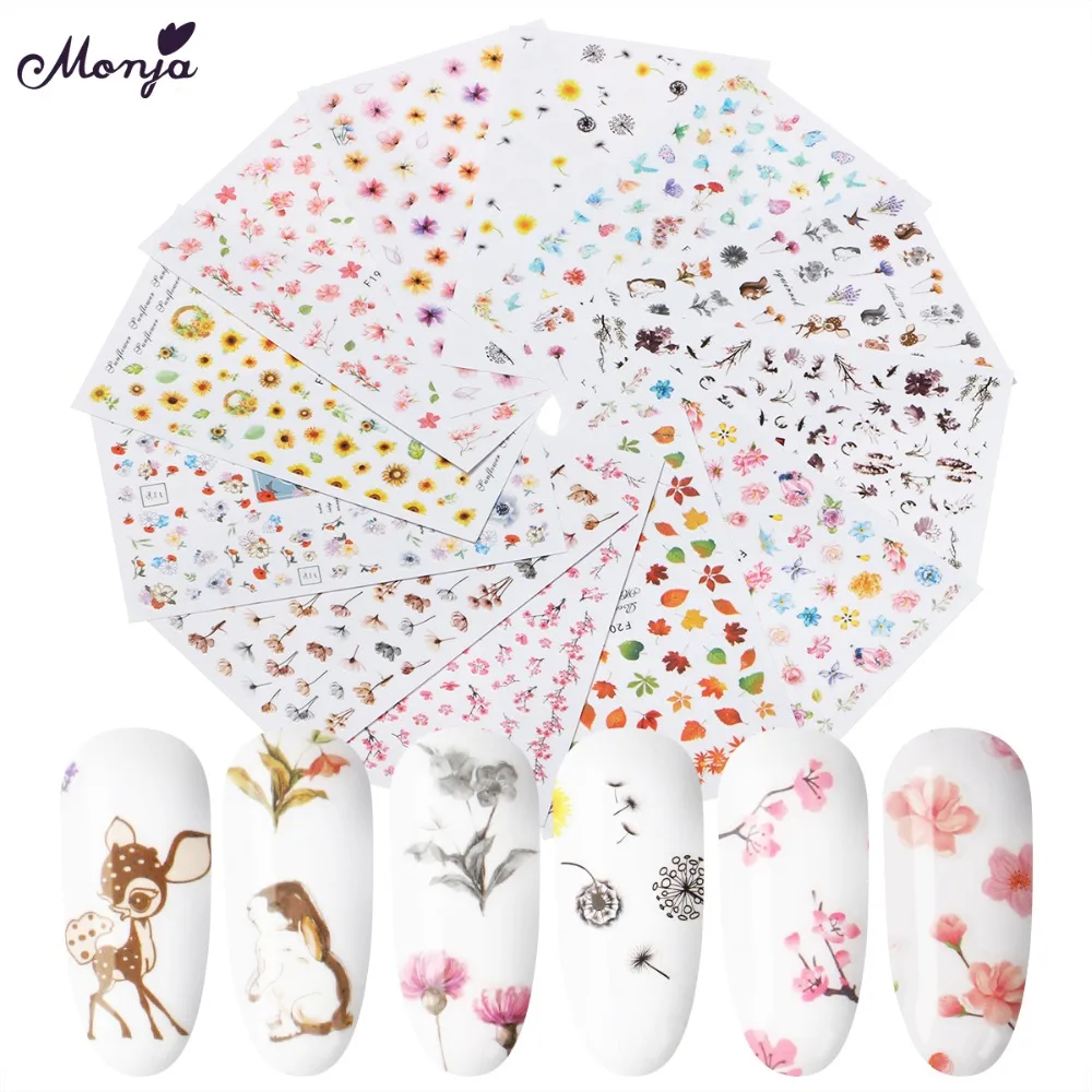 Monja 24 Multi styles Nail Art радуга цвет Клей переводные наклейки перо Цветущий цветок