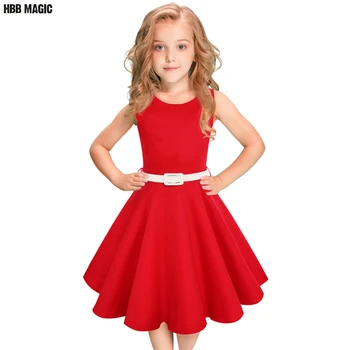 

Red,Black Kids Girls Cotton Dresses 2018 Summer Sleeveless Girls Clothes With Belt Princess Children Girl Party Dress Size 5-12Y