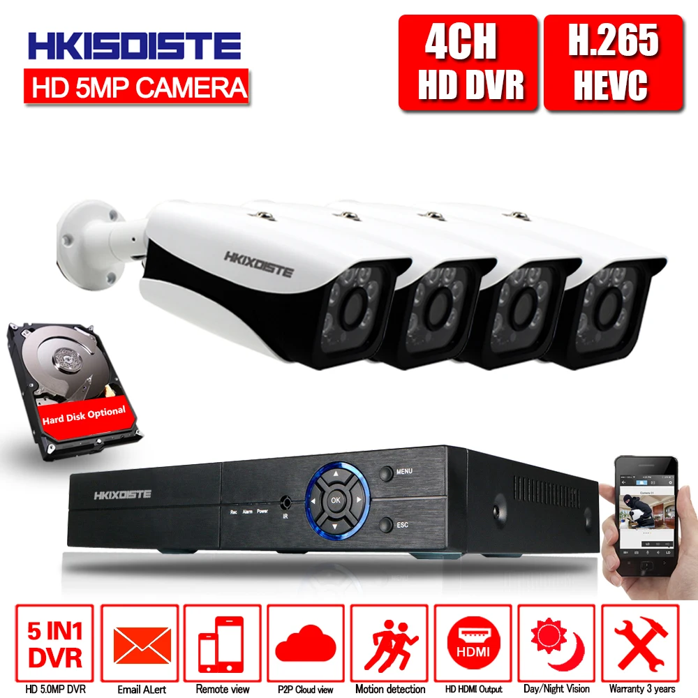 

H.265 4CH DVR 5MP HDMI AHD CCTV System 4PCS 5MP HD Security Camera Outdoor IP67 Waterproof AHD 2592*1944P Surveillance System