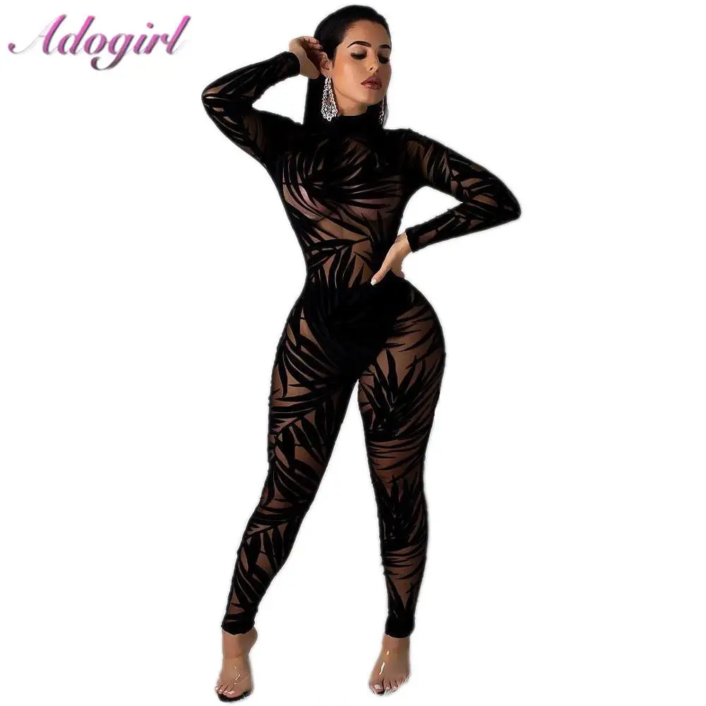 Sexy Night Party Club Black Lace Sheer Mesh Jumpsuit Women Casual Bamboo Leaf O Neck Long Sleeve Bodycon Rompers Female Overalls Sexy Night Party Club Black Lace Sheer Mesh Jumpsuit Women Casual Bamboo Leaf O Neck Long Sleeve Bodycon Rompers Female Overalls