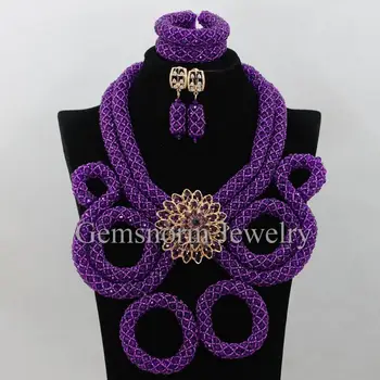 

Exclusive Purple Nigerian African Wedding Beads Jewelry Set Chunky Bib Statement Necklace Set Gift for Women Free Shipping WA335