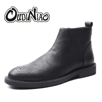 

OUDINIAO Brogues British Fashion Classic Pointed Toe Ankle Men Boots Sewing Vintage Zip Design Casual Solid Boots Men Black