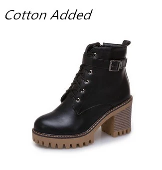 JIANBUDAN/фирменный дизайн, осенние женские ботинки на высоком каблуке pu кожаные ботинки на молнии для мотоцикла, зимние плюшевые теплые ботинки 34-43 - Цвет: black Cotton Added