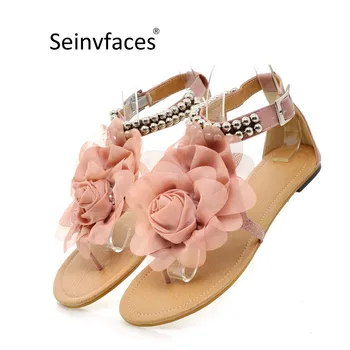 

Female summer beach Bohemian style gladiator sweet big flower pink apricot blue buckle strap flats heel flip-flops sandals F38