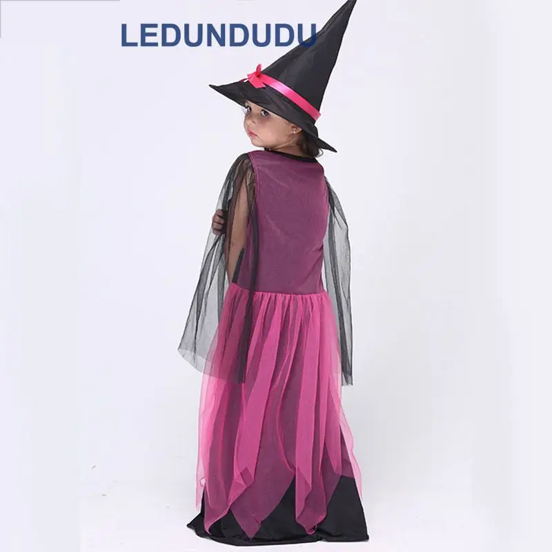Children Halloween Fancy Party Suit Girls Magic Witch Dress Kids Rose Witch Cosplay Costume with Hat  (17)