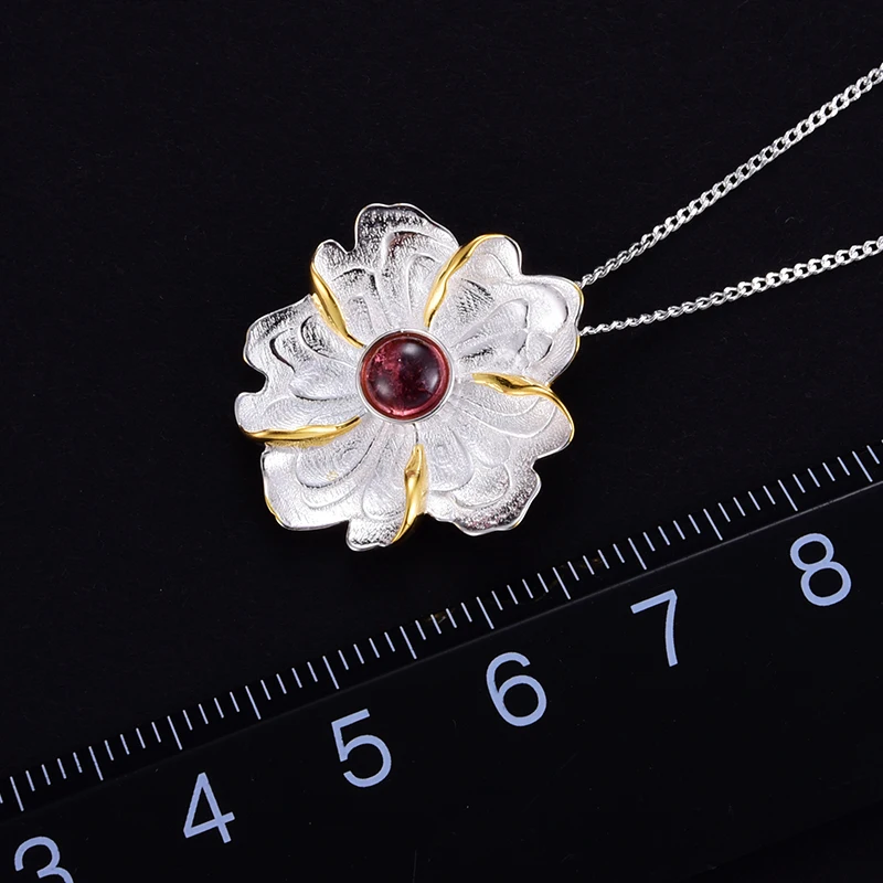 Lotus Fun Real 925 Sterling Silver Natural Tourmaline Handmade Fine Jewelry Peony Flower Pendant without Necklace for Women