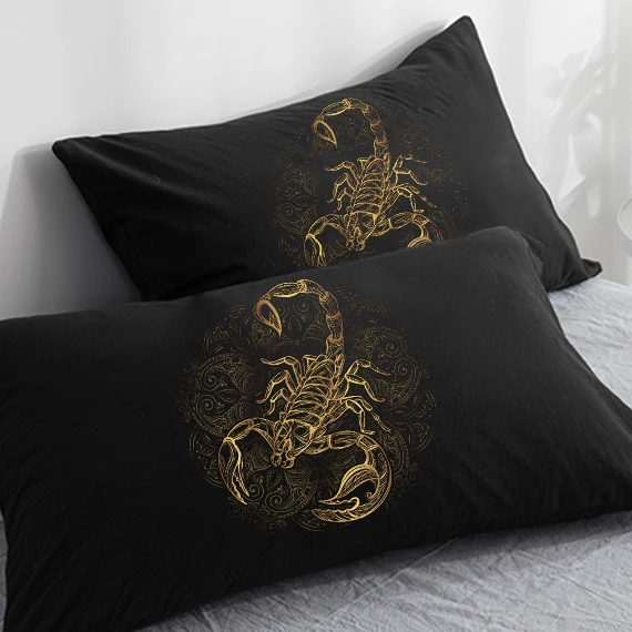 

3D HD Custom Pillow Case,2PCS Pillowcase 50x70/50x75/50x80/70x70,Decorative Pillow Cover Golden Scorpion on Black Bedding