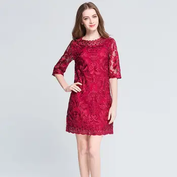 

2019 Lace Embroidery O Neck Half Mini Dress Sexy Women Large size Vintage Hollow Out Night Club Body con Party Dresses Wholesale