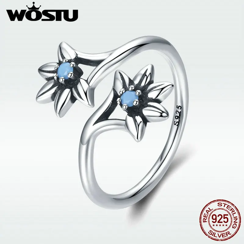 

WOSTU 100% 925 Sterling Silver Daisy Flower Blue CZ Ring For Women Party Engagement Jewelry Gift Adjustable Size DXR249