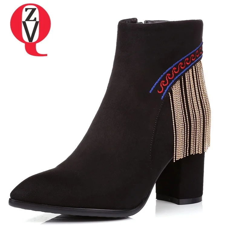 

ZVQ newest hot sale flock pointed toe super high hoof heels zipper fringe fashion sexy wine red and black embroider ankle boots