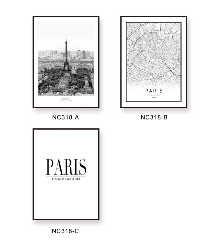 Nordic Art Black and white city Paris map Canvas Poster Minimalist