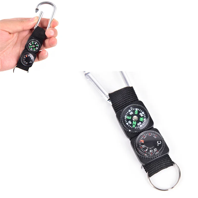 

3 in 1 Camping Climbing Hiking Mini Carabiner w/ Keychain Compass Thermometer hanger Key Ring Black high quality