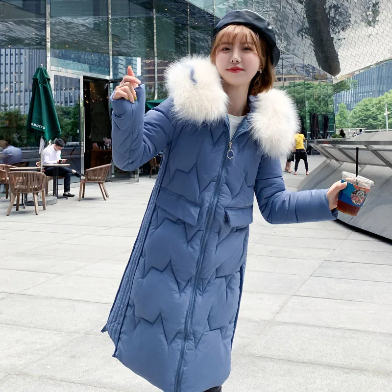 С большим мехом, новинка, зимняя куртка для женщин, с капюшоном, с подкладкой, длинное женское пальто, теплая Женская парка, Mujer Invierno - Цвет: Синий