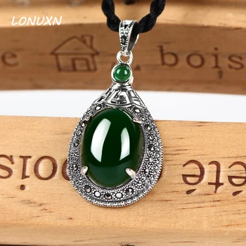 

High quality green chalcedony Retro 925 Silver Necklace Natural semi-precious stones Pendant 41*20mm female jewelry lovers gift