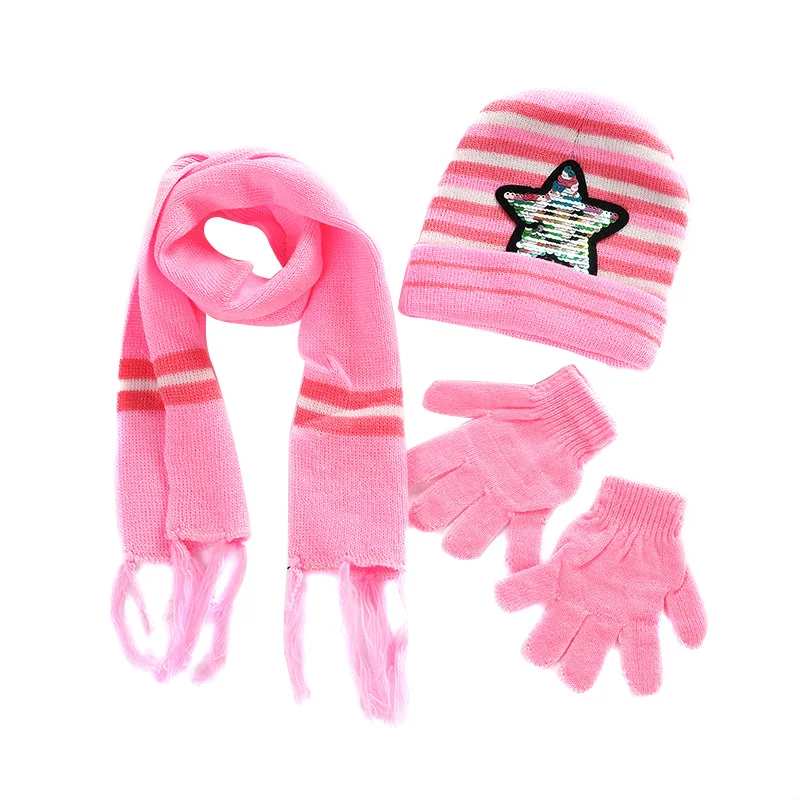 Детская зимняя теплая вязаная Круглая Шапочка шарф перчатки Комплект блесток пентаграмма узор MUG88
