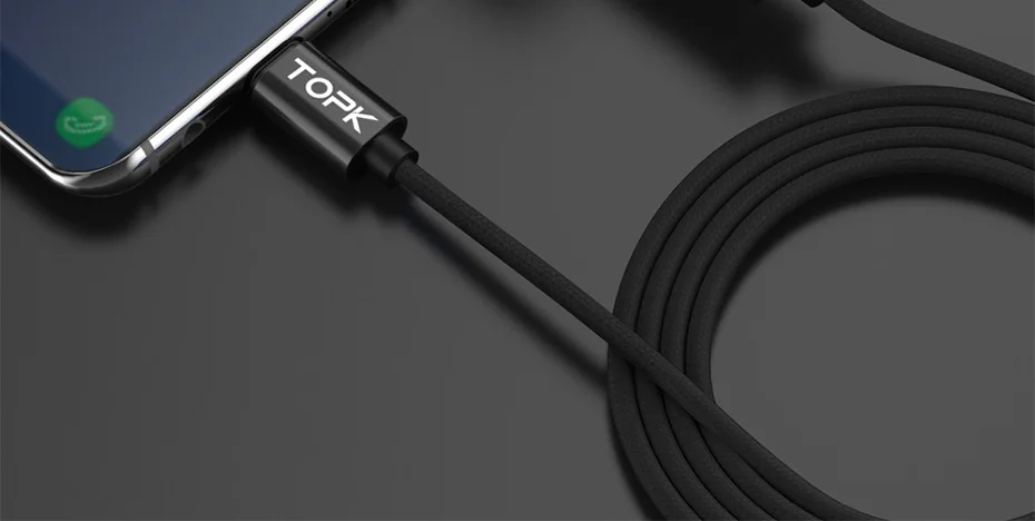 TOPK AC27 3A(макс.) usb type C кабель, QC 3,0 Быстрая зарядка напряжение и ток дисплей нейлоновый Плетеный USB C кабель для синхронизации данных