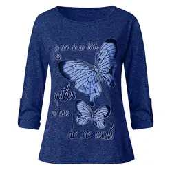 Рубашка Для женщин Прохладный моды с длинным рукавом Бусы рубашка с принтом бабочки топ Базовая футболка Для женщин с длинным рукавом Для
