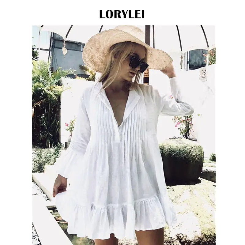 

Women Summer Long Sleeve White Cotton Tunic Beach Dress Swim Cover Up Plus Size Sexy V Neck Flare Sleeve Pleated Mini Dress N606