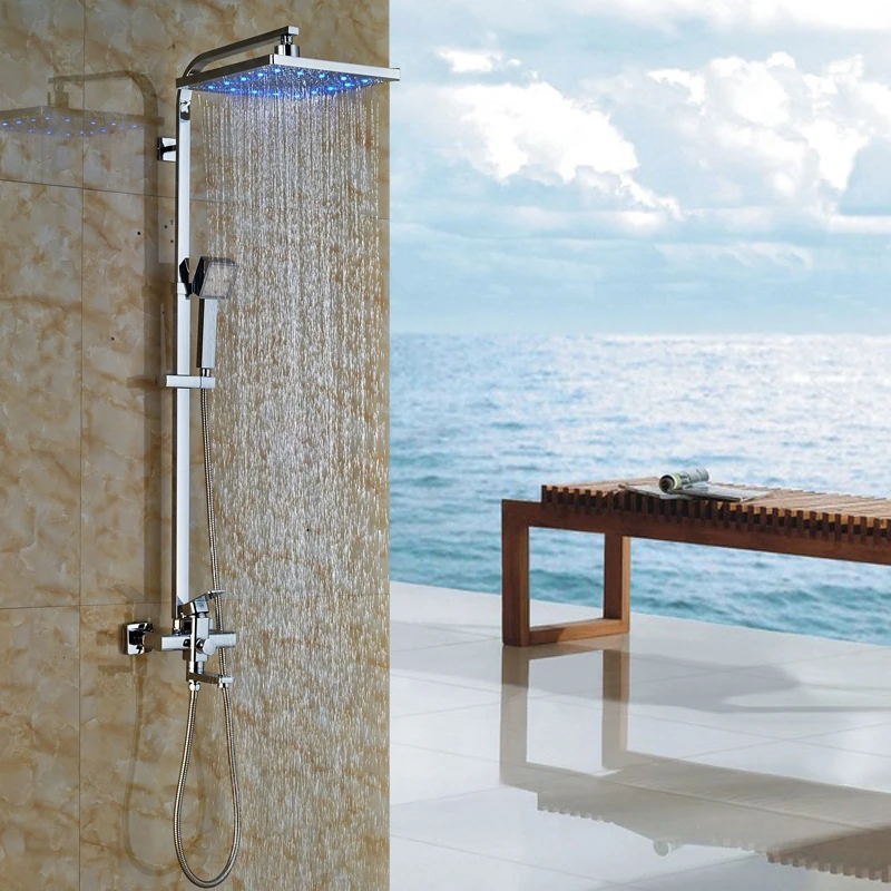 Luxe grote 12 "vierkante Led Licht Douchekop Badkamer Chrome Douche Set Kraan Enkel Handvat