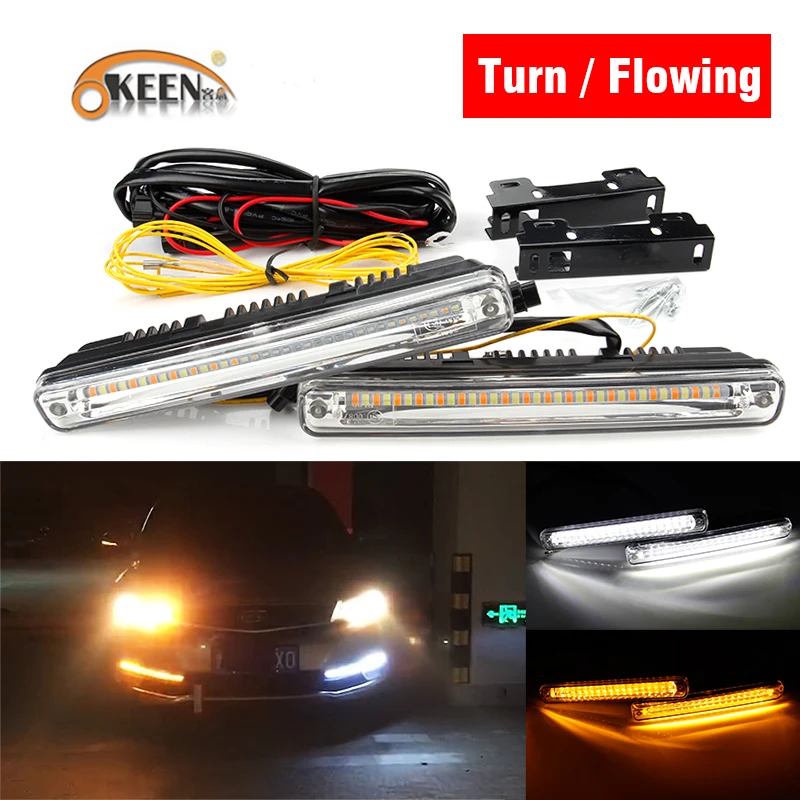 

OKEEN 2pcs amber following led DRL Daytime Running Light with Turning Signal features 12V waterproof headlights for cars