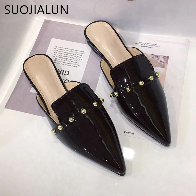 SUOJIALUN/женские летние шлепанцы без задника модные с острым носком повседневные