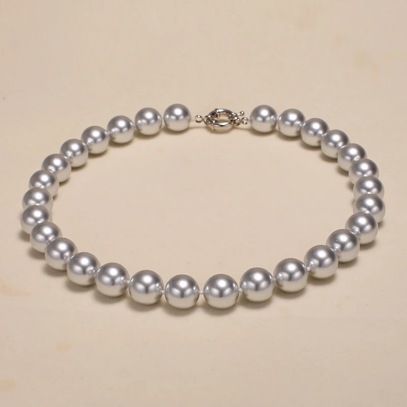 Dropshipping 13-14 mm Mother of Pearl Round Silver Pearl Necklace, Shell Pearl Necklace, Birthday Gift For Women