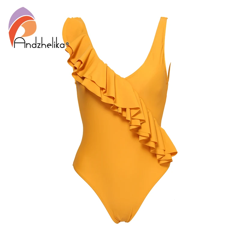 

Andzhelika 2019 Sexy One-piece Swimsuit Yellow Solid Falbala V neck Ruffle Monokini Ladies Beach Bathing Suit Swimwear AK18976