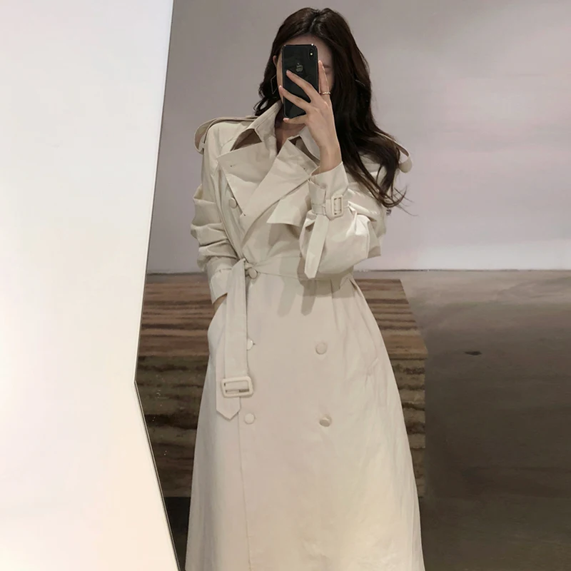 

[EWQ] Solid Color Blet Lapel Double-breasted Long Windbreaker Wild Fashion Loose Plus Woman Coat 2019 Autumn Winter New TC1005