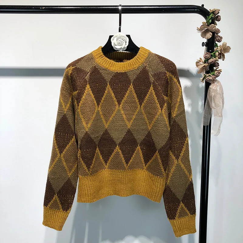 Vintage Winter Patchwork Color Argyle Pullover Sweater Warm Wool Long Sleeve Women O-Neck Knitted Short | Женская одежда