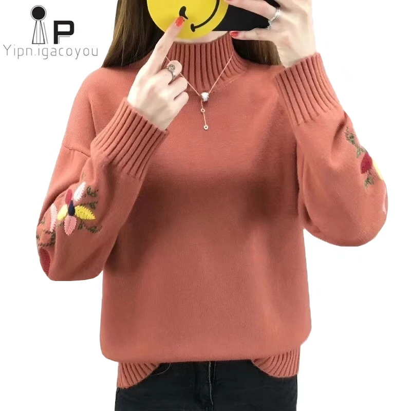 

Women Turtleneck Sweater Knitted Pullovers Autumn Winter Tops Yellow Petal Embroidery Warm Loose Women Sweater Knitwear Jumpers