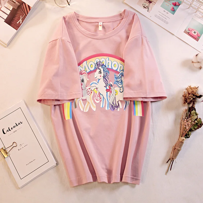 

2019 Summer Kwaii Printing T Shirt Women Harajuku Pink Fashion Plus Size Streetwear Ulzzang Camisas Mujer Students Tops