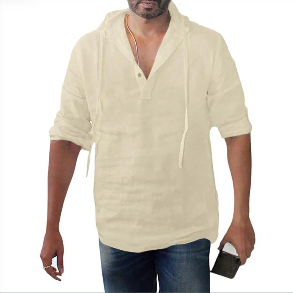 Prix Tunique chemise homme mode décontracté coton lin couleur unie à capuche ample col en v à manches longues homme grande taille chemise