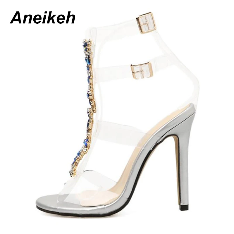 US $19.78 Aneikeh New Summer Sandals Women Buckle Strap Luxurious Blue Crystal Chain Transparent Pvc High Heel Open Toe Sandals Shoes