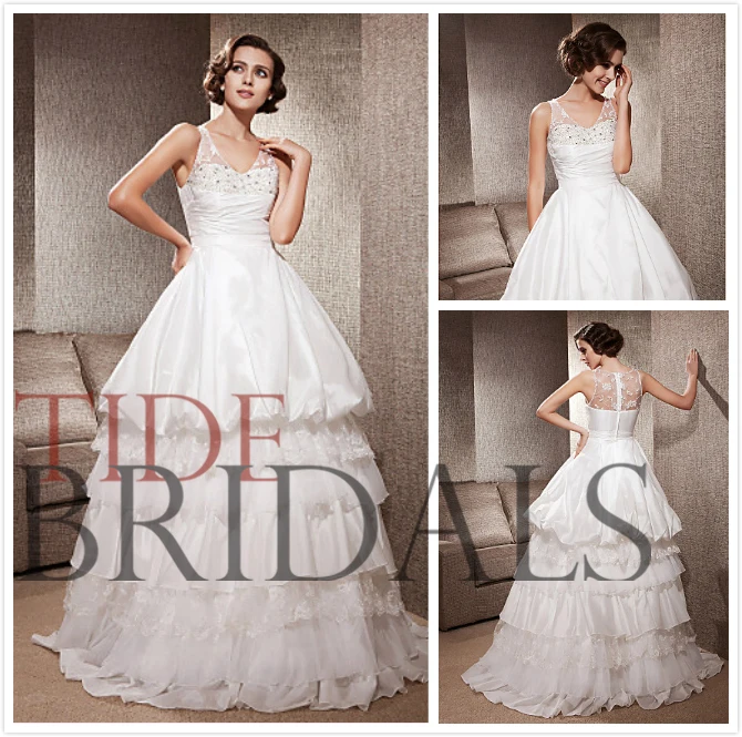 Exquisite 2014 Ball Gown Floor-Length Scoop Court Train Crystal Straps Slleeveless Organza Wedding Dress (00248928) | Свадьбы и