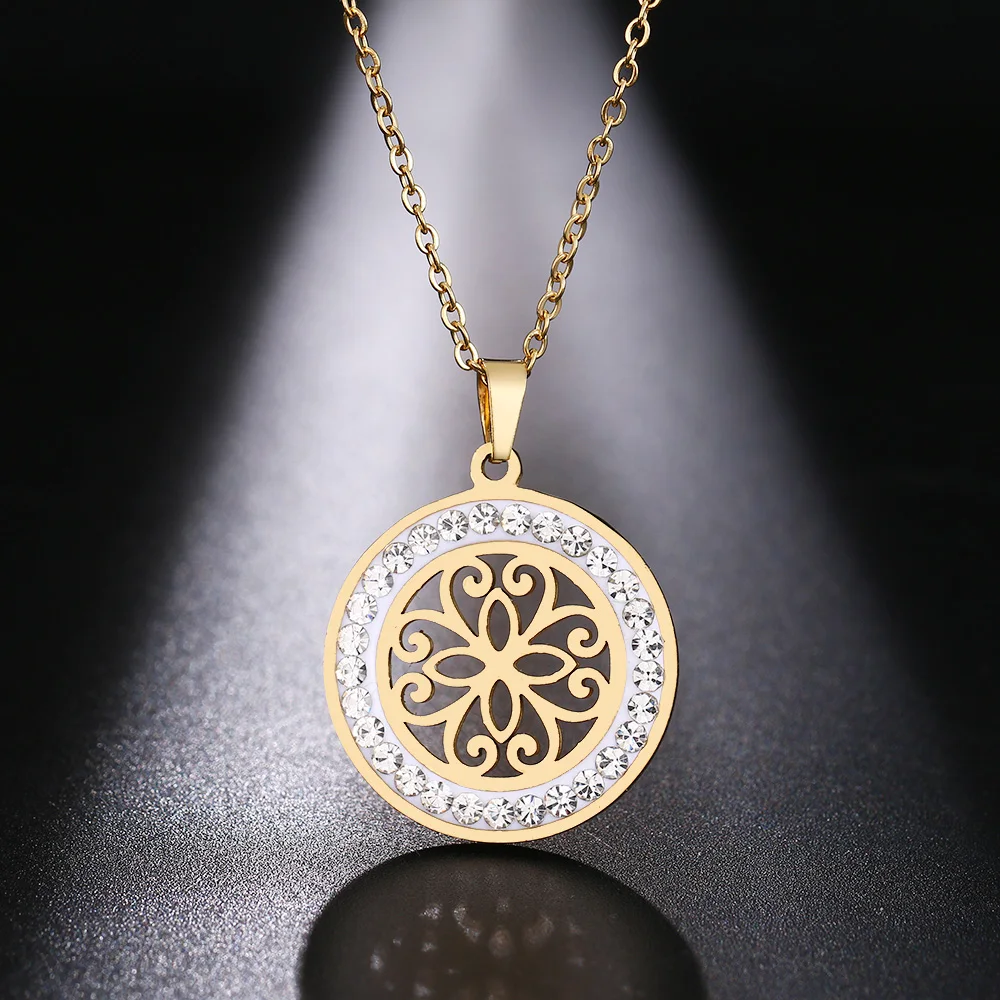 Cacana Stainless Steel Crystal Round Pendants Necklace Women Jewelry Hollow Trendy Necklaces Donot Fade Valentine's Day Gift (6)