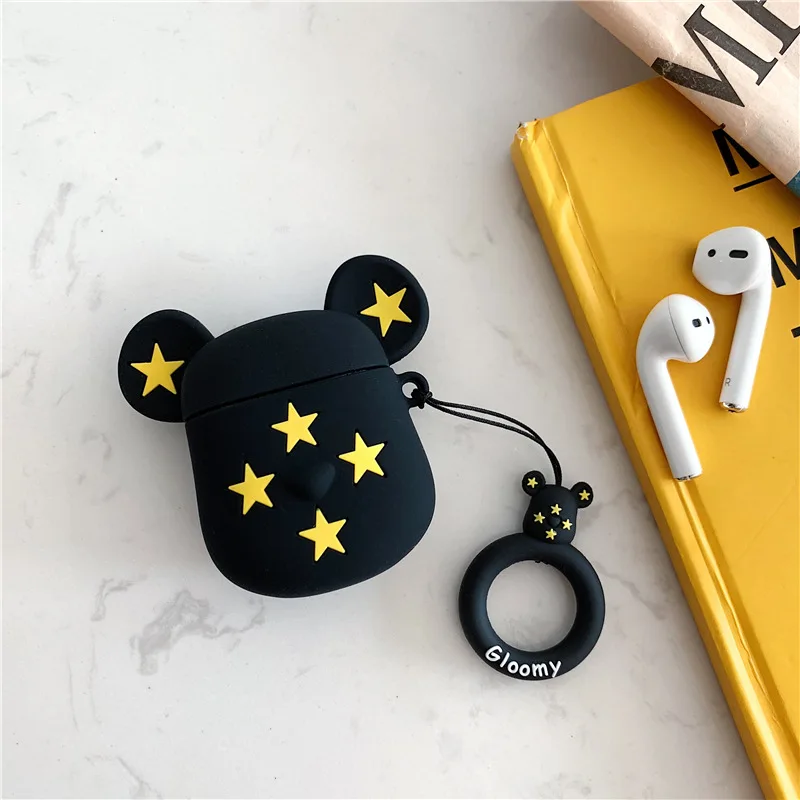 Cartoon Protective Case for AirPods Cute Cover Silicone Bluetooth Earphone Case for Apple Airpods 2 Finger Ring Camouflage Bear - Цвет: Черный