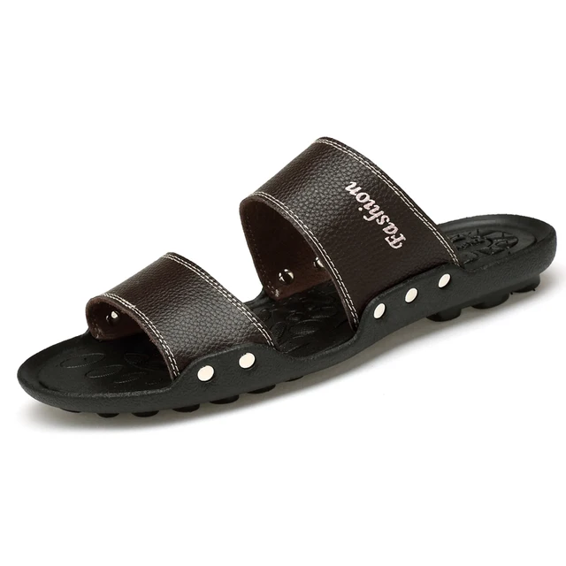 big size 36 47 men summer slides shoes classic genuine leather