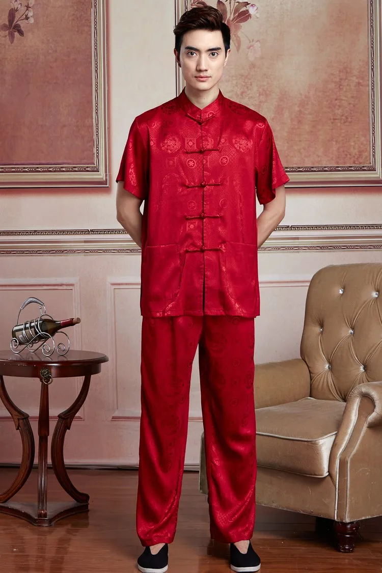 Китайский Для мужчин Тай Чи форма традиционный шелковый атлас Кунг фу костюм короткий рукав Костюмы размеров M, L, XL, XXL, XXXL, W001