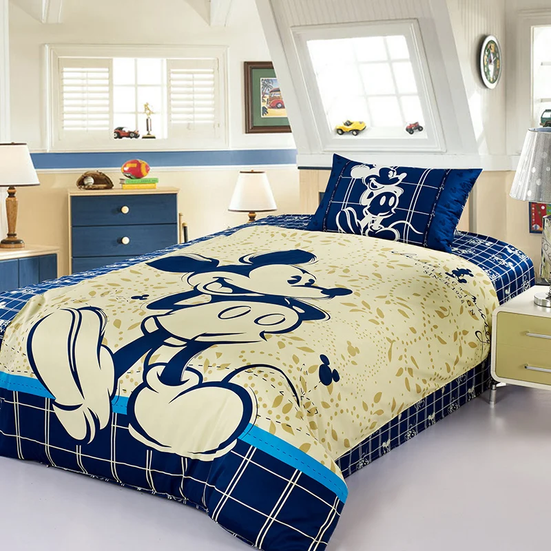 Комплект постельного белья с Микки Маусом Дисней, хлопок, мультяшный пододеяльник, синий простынь, набор, один размер королевы, детские постельные принадлежности