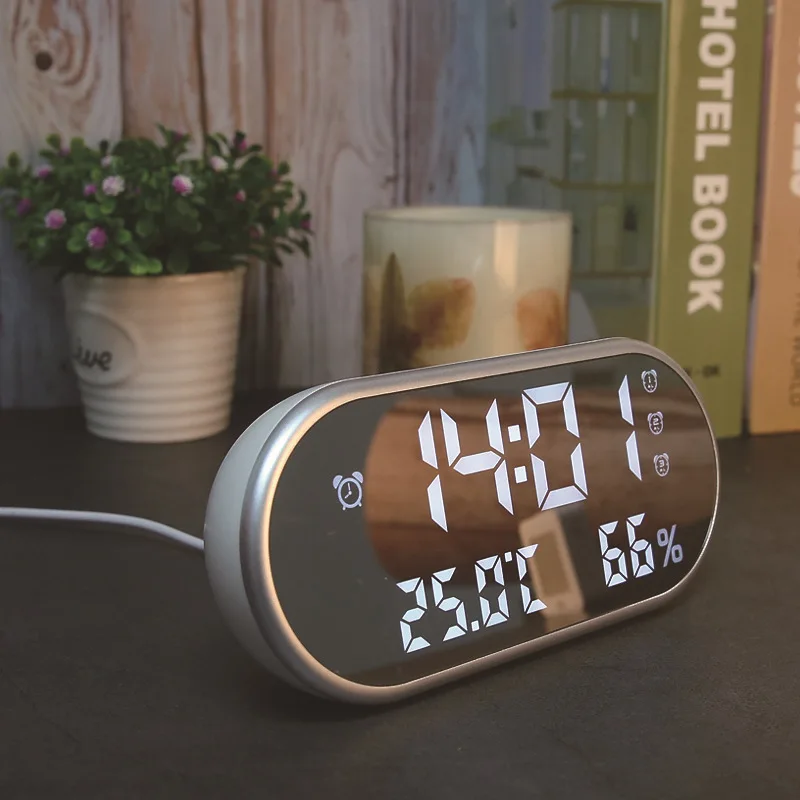  LED Digital Alarm Clock With Temperature Reveil Watch USB Electronic Table Clocks Oval Mirror Desk 