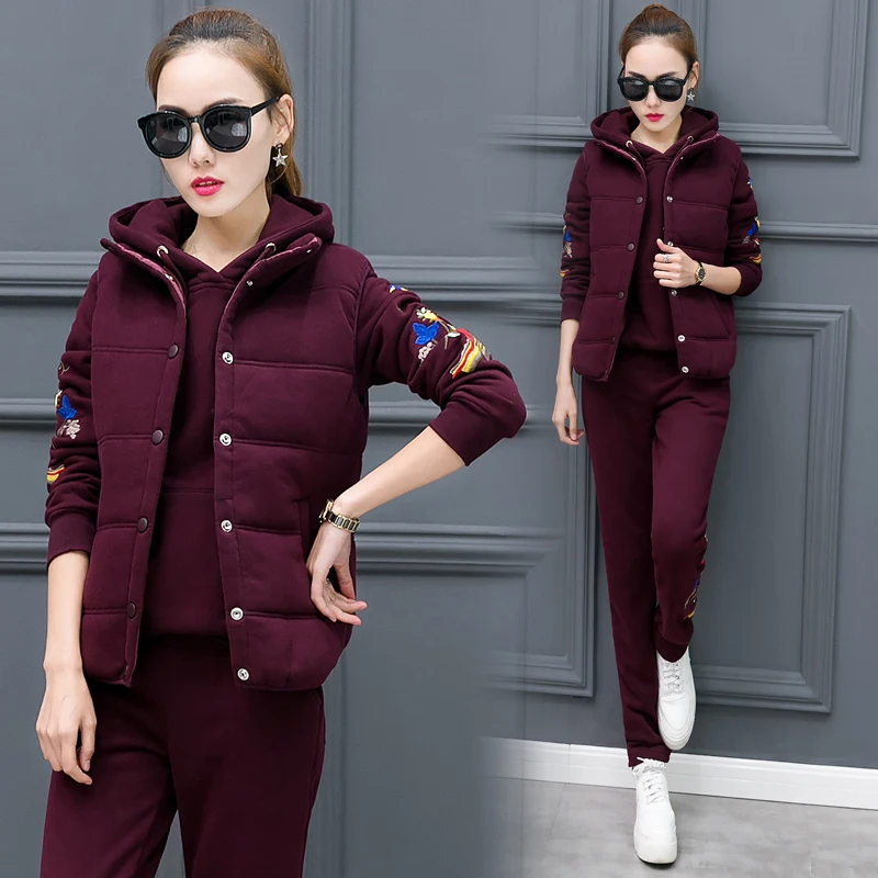 

New 2017 winter women leisure hoodies vest pants three-piece clothing set velvet thickening students casual suits M-3XL size