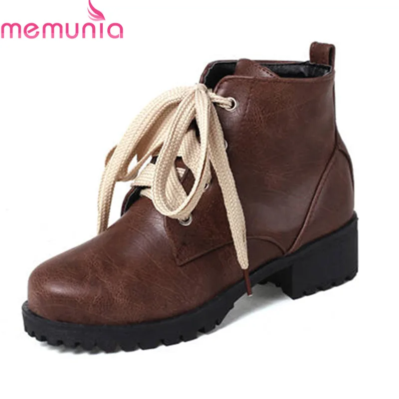

MEMUNIA 2018 new arrival round toe short plush winter boots lace up ankle boots for women square heel fashion shoes woman