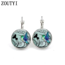 /гламурный креативный синий Рисунок Колибри фото, выпуклые стеклянные инкрустированные серьги, женское украшение