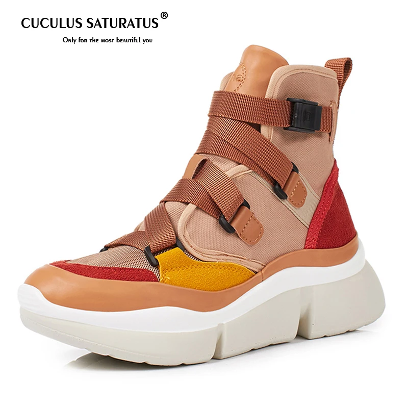 

Cuculus Cross-tied Women Ankle Boots Slip on Platform Motorcycle Ankle Boots Winter Wedges Shoes Woman 2 Colors 567