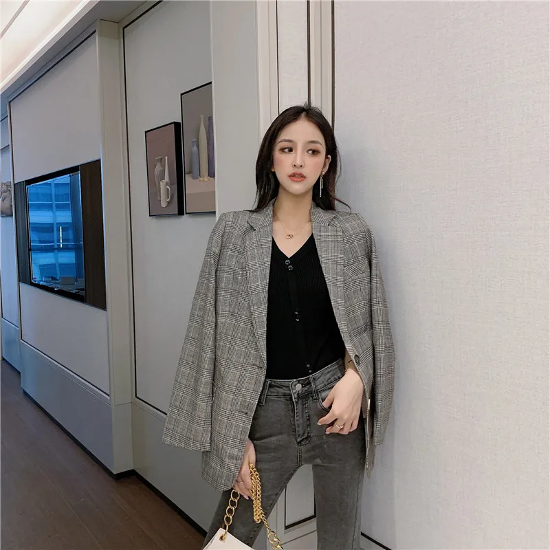 

spring and autumn plaid casual large size small suit female 2019 new Korean version of the self-cultivation retro check jacket