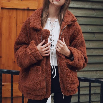

2020 Spring Women Fashion Trendy Elegant Plus Size 3XL XXL Colorful Teddy Jacket Fluffy Zipper Up Pocket Design Oversized Coat