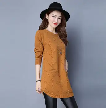 

2019 autumn winter Women Sweater Medium Long O-Neck Knitted Sweaters And Pullovers Female Jumper Tricot Tops r1498